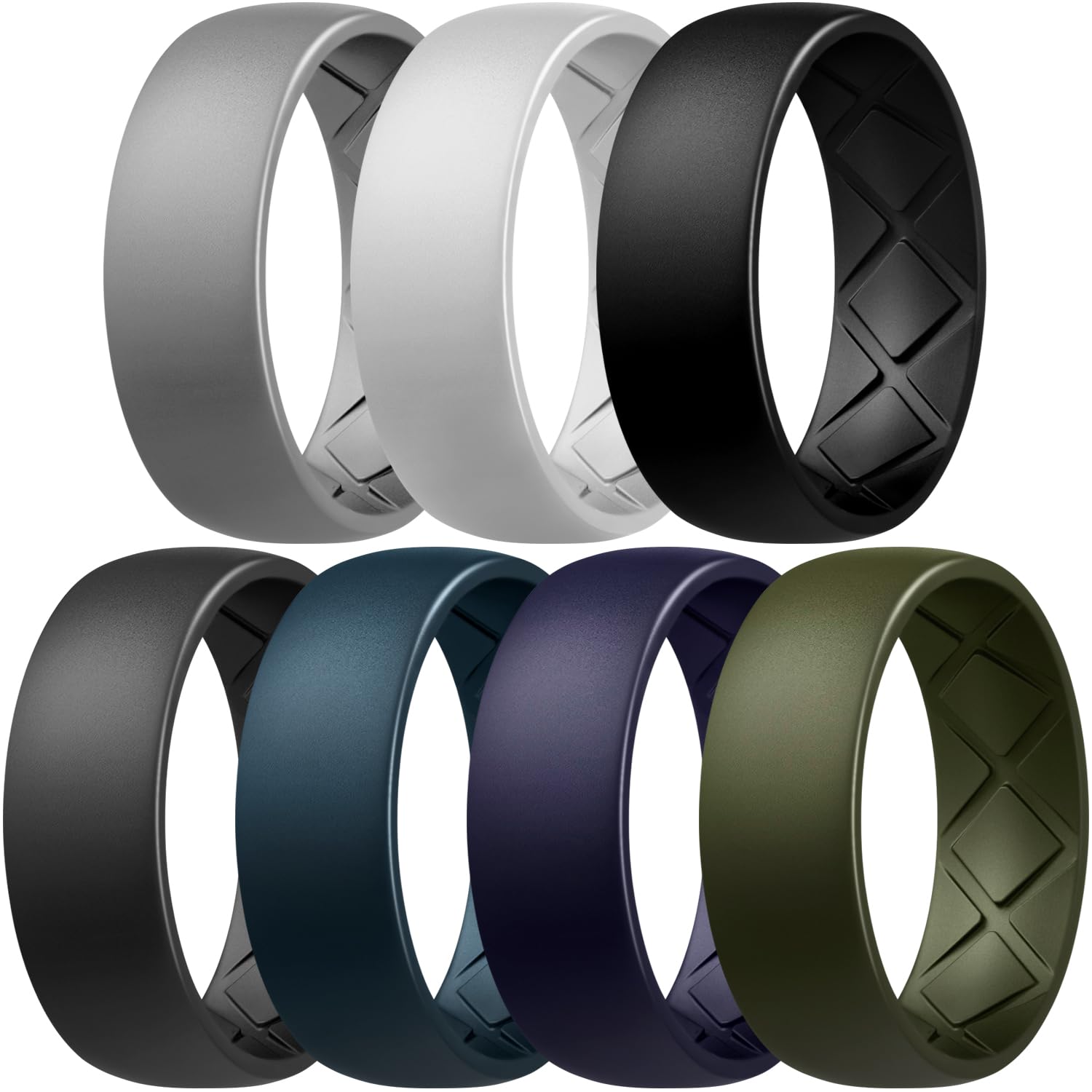 Egnaro Silicone Rings for Men with Half Sizes Inner Arc Ergonomic Breathable Design 7 Rings / 4 Rings / 1 Ring - Rubber Wedding Bands 8mm Wide 2.5mm Thick