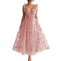Tulle 3D Butterflies Prom Dresses for Women Tea Length Spaghetti Straps Formal Evening Party Gowns with Slit