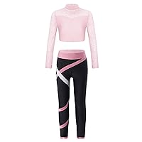 Kids Girls 2 Piece Gymnastics Dance Sports Outfits Turtleneck Crop Top with Athletic Leggings Set