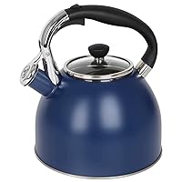 Rorence Stainless Steel Tea Kettle: 2.6 Quart Whistling Kettle with Capsule Bottom & Heat-resistant Glass Lid – Navy Blue