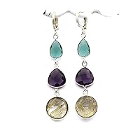 El Joyero Gemstone Brass Earrings Golden Rutile/Purple Amethyst/Apatite Handmade Silver Plated Designer Clip On Earrings