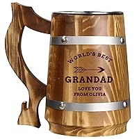 Personalized Fathers Day Wooden Beer Mug, Custom Name Old Style Viking Beer Mug, Stainless Steel Inner Liner Beer Tankard, Personalized Birthday Father's Day Gift for Men Dad Husband Grandpa (Style 2)