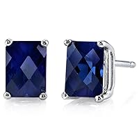 Peora 14K White Gold 2.50 Carats Created Blue Sapphire Earrings for Women, Classic Solitaire Studs, 7x5mm Radiant Cut, Friction Back