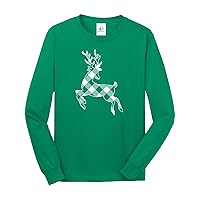 Threadrock Men's White Plaid Reindeer Long Sleeve T-Shirt