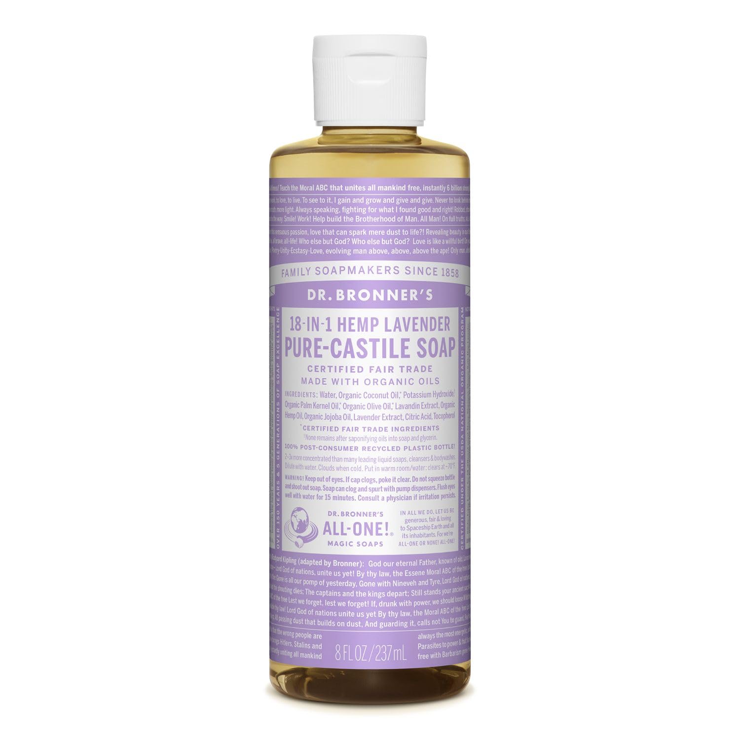 Dr. Bronner's - Pure-Castile Liquid Soap (Lavender, 8 ounce) - Made with Organic Oils, 18-in-1 Uses: Face, Body, Hair, Laundry, Pets and Dishes, Concentrated, Vegan, Non-GMO