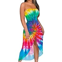 Women's Sexy Wipe Chest Irregular Slit Jumpsuit Long Skirt Print Sexy Pullover Multi Color Dress Casual Skirts