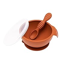 Bumkins Baby Bowl, Silicone Feeding Set with Suction for Baby and Toddler, Includes Spoon and Lid, First Feeding Set, Training Essentials for Baby Led Weaning for Babies 4 Months Up, Clay