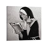 Black and White Sexy Nun Smoking Cigarette Poster Middle Finger Women Vintage Photo Canvas Art Poster and Wall Art Picture Print Modern Family Bedroom Decor 16x16inch(40x40cm) Frame-Style