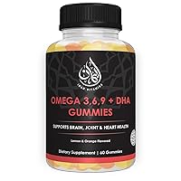 Halal Omega 3 6 9 + DHA Gummies for Adults | Supports Eyes, Brain, Immune & Heart Health | Vegetarian & Gluten Free| Vitamin C, Essential Fatty Acids & Plant-Based | 60 Count