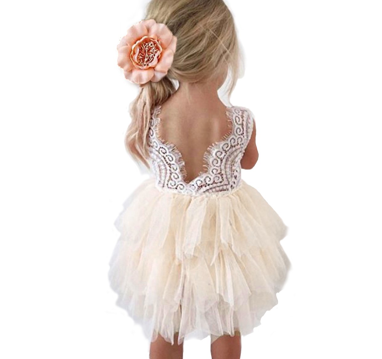 Backless A-line Lace Back Flower Girl Dress (2T, Ivory)