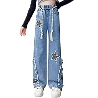 FEESHOW Girl's High Waisted Wide Leg Jeans Coolgirls Casual Loose Fit Baggy Ripped Denim Pants with Drawstring