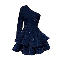 Long Sleeve Homecoming Dresses Short One Shoulder Sequin Tiered Cocktail Party Dress