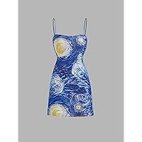 Dresses for Women Oil Painting Print Lettuce Trim Cami Dress (Color : Blue, Size : Small)