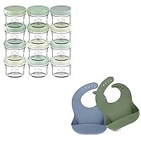 KeaBabies 12-Pack Baby Food Glass Containers and 2-Pack Baby Silicone Bibs - 4 oz Leak-Proof, Microwavable, Baby Food Storage Container - Waterproof, Easy Wipe Silicone Bib for Babies, Toddlers