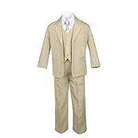 6pc Boy Khaki Vest Set Formal Tuxedo Suits with Satin Silver Necktie Baby to Teen