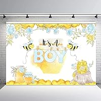 MEHOFOND 7x5ft Bee Boy Baby Shower Party Decorations Backdrop Yellow and Blue Floral Honey Bee Sunflower It's A Boy Baby Shower Photography Background Photo Banner for Dessert Table Supplies