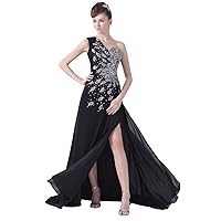 Black A Line Embellished One Shoulder Chiffon Maxi Prom Dress With Slits