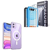 CANSHN Clear Magnetic Designed for iPhone 11 Case + 3 Pack Screen Protector for iPhone XR and iPhone 11 Tempered Glass with Easy Installation Frame - 6.1 Inch