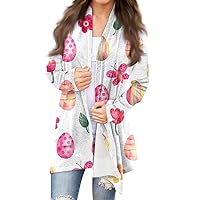 Plus Size Easter Cardigan for Women,Women's Long Sleeve Easter Egg and Bunny Printed Jacket Round Neck Trendy Cardigan
