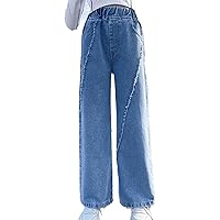 Kids Girls Vintage Raw Side Denim Pants Casual Loose Fit Wide Leg Baggy Jean with Pockets Daily Wear