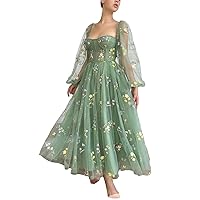 Tulle Puffy Sleeves Prom Dresses with Pockets Women's Tea Length Formal Evening Party Dresses Sweetheart Princess Dress A-Green