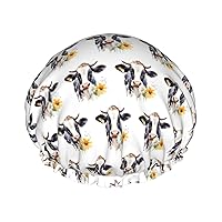 Cow And Daisy Flower Print Shower Caps Elastic Reusable Waterproof Bath Caps Double Layer Hair Cap for Women Men