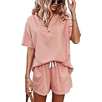 Women's Short Sleeve Sweatsuit Sets Lounge 2 Piece V Neck Tracksuit Casual Loose Fit Outfits