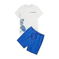 GORGLITTER Men's Letter Graphic Print T Shirts Short Sleeve Top & Shorts Casual Two Piece Sets