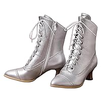 Women's Ankle Boots Vintage Lace Up Victorian Boots Round Toe Mid Calf Boots Chunky Block Mid Heels Dress Riding Boots Gothic Punk Witch Boots For Halloween Party Wedding Women's Boots