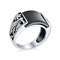Unisex Personalize Biker Jewelry Semi Precious Black Onyx Gemstone Statement Large Rectangle Signet Men's Viking carved Asian Goth Shield Dragon Ring For Men Oxidized .925 Sterling Silver