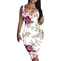 Wedding Dresses for Womens Sexy Floral Print Sleeveless Bodycon Dress Summer Slimming Fit Scoop Neck Midi Dresses