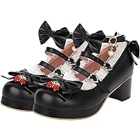 LUXMAX Women Cute Shoes Kawaii Pumps Mid Block Heel Mary Janes Platform Sweet Cosplay Dress Shoes Strappy Ankle Strap Pumps with Bow