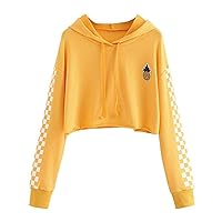 Flygo Women's Casual Cropped Hoodie Cute Plaid Sweatshirt Pullover Crop Tops for Teen Girls