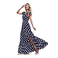 TINMIIR Women's Summer Dresses Dots Frill Trim V neck Butterfly Sleeve Split Thigh Maxi Dress (Color : Royal Blue, Size : Small)
