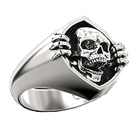 Vintage Punk Gothic Skull Men's Ring 925 Sterling Silver Plated Skeleton Head Biker Rings for Men