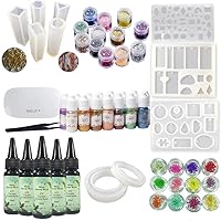 UV Resin Kit with Lamp Pigment Molds, 15 Liquid Pearlescent Color Pigment 10 Molds for Making Jewelry Pendants Earrings Bracelets + Eyelets + Portable Lamp & Tweezers + Dried Flowers & Glitter