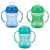 Nuby 3 Pack Two Handle No Spill Toddler Sippy Cups - Toddler Cups Spill Proof with Easy and Firm Grip - BPA Free Toddlers Cups - Aqua, Blue, Green