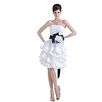 Elegant White Strapless Short Layered Wedding Dress With Black Sash