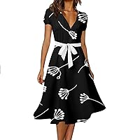 Casual Dresses for Women 2024 Summer Trendy V Neck Elegant A Line Beach Sundress Tie Front Boho Floral Print Flowy Midi Dress