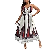 Womens Plus Size Dresses Summer Spaghetti Strap Sleeveless Geometric Print Belted Cami Dress