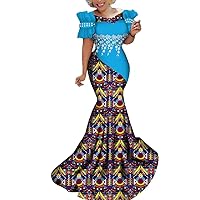 Womens Elegant Ankara Maxi Mermaid Dress Lace Decorated African Gowns