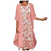 Sun Dresses for Women 2024,Women Casual Embroidery Dress Round Neck Sleeve Dress Half Sleeve Chiffon Shawl Car
