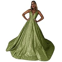 Women's Sequin Long Prom Dress V-Neck Sleeveless Glitter A-Line Evening Party Gowns Formal