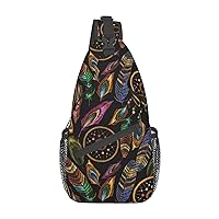 Feathers And Dream Catcher Sling Backpack Crossbody Shoulder Bags Adjustable Chest Bag For Hiking Travel Cycling