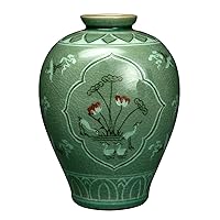 Korean Celadon Glaze Semi-Round Inlaid Lotus Flower Pond Inlay Design Green Decorative Porcelain Ceramic Pottery Home Decor Accent Vase