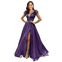 Women's Sequin Prom Dress with Feathers V Neck A Line Slit Formal Ball Gowns Wedding Party Dress
