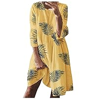 Women Summer Boho Solid A-Line Dress Hollow Out Splice 3/4 Sleeve Mid-Long Dresses
