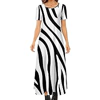 Womens Short-Sleeve Round Neck Maxi Dress Black and White