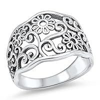 Women's Flower Filigree Cutout Fashion Ring .925 Sterling Silver Band Sizes 4-13