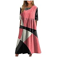 Boho Dress for Women Linen Dress for Women Short Sleeve Irregular Hem Maxi Dress Flowy Floral Printed Summer Dress